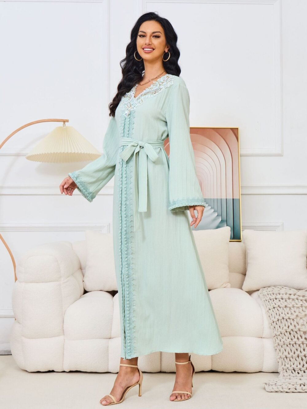 Pearl Decor Beads Embroidered Mint Green Kaftan Dress