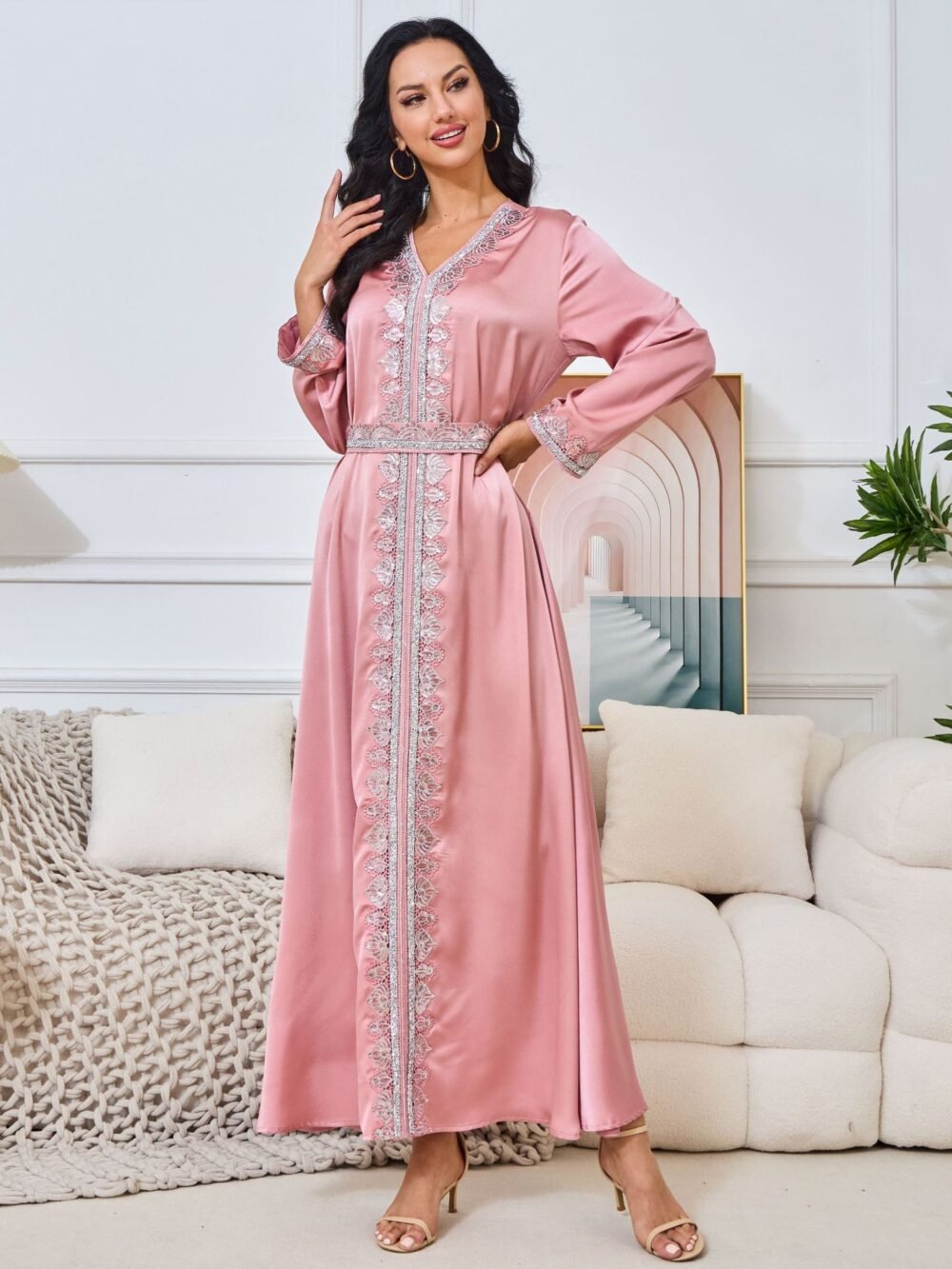 V Neckline Embellishment Pink Belted Kaftan Dress