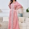 V Neckline Embellishment Pink Belted Kaftan Dress