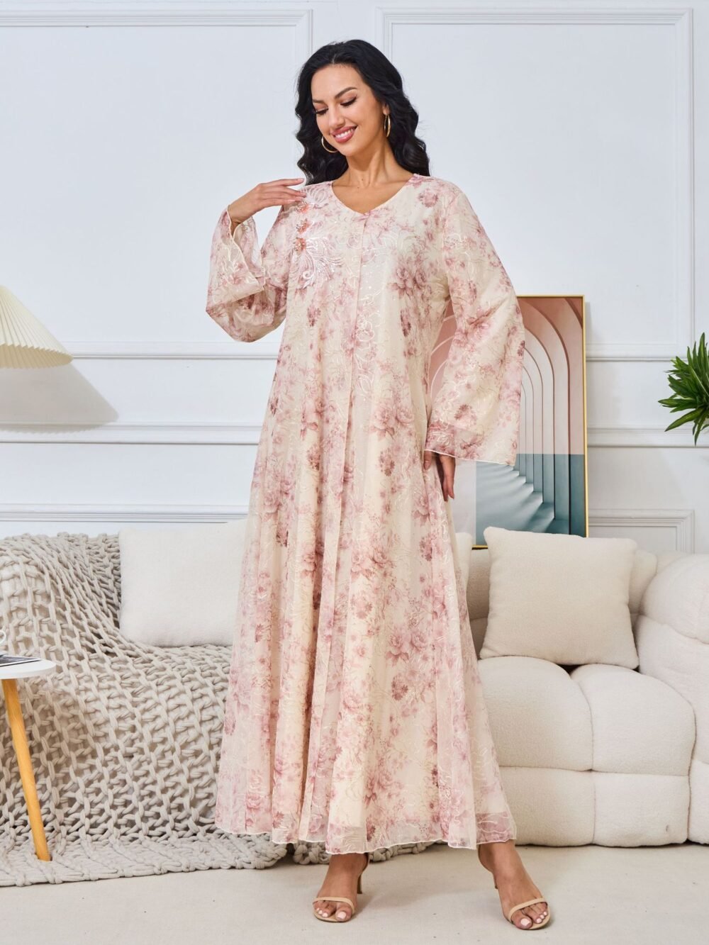 Diamond Embroidered Floral Kaftan Dress