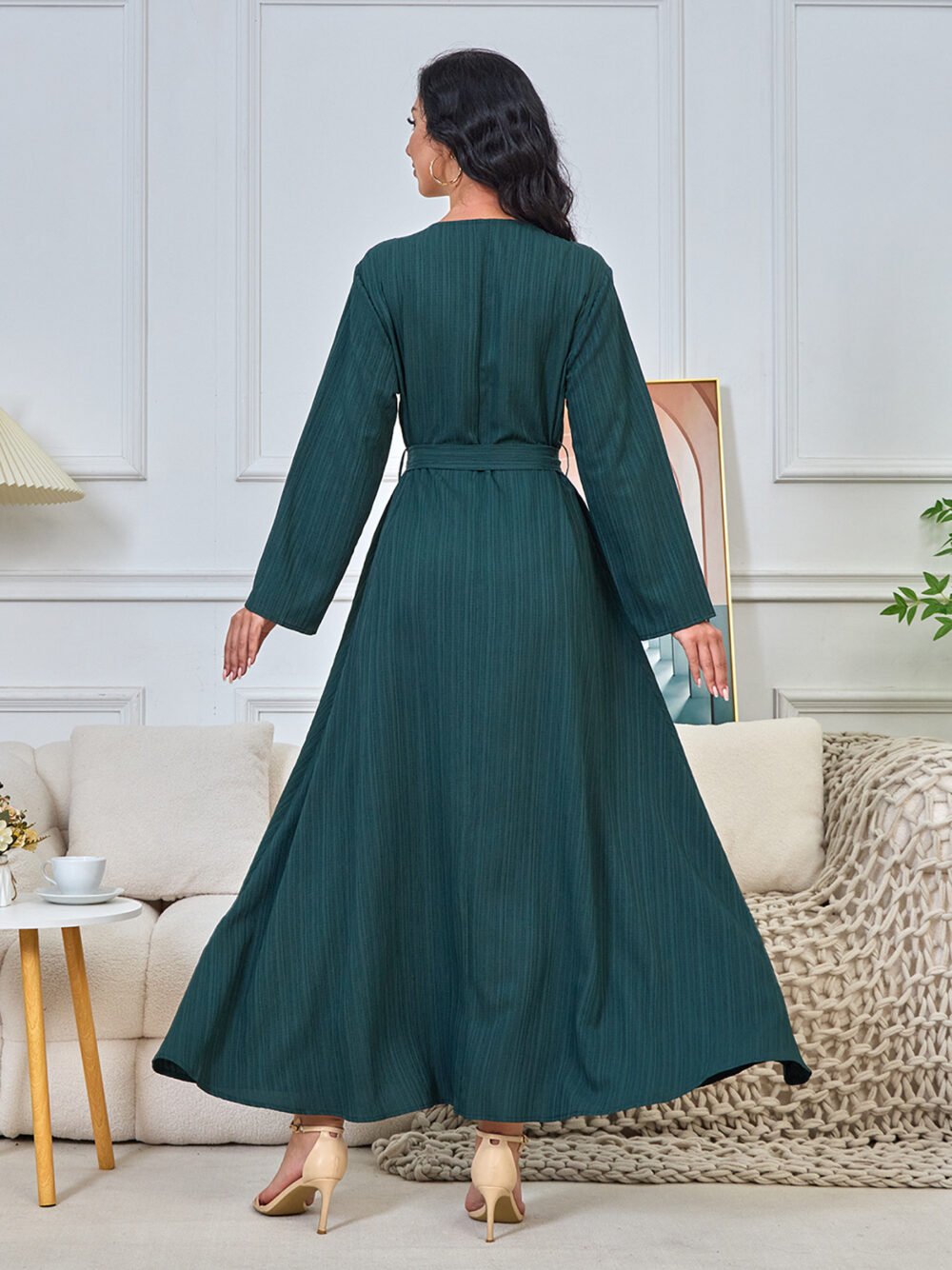 Floral Embroidered Muslim Belted Green Caftan Dress