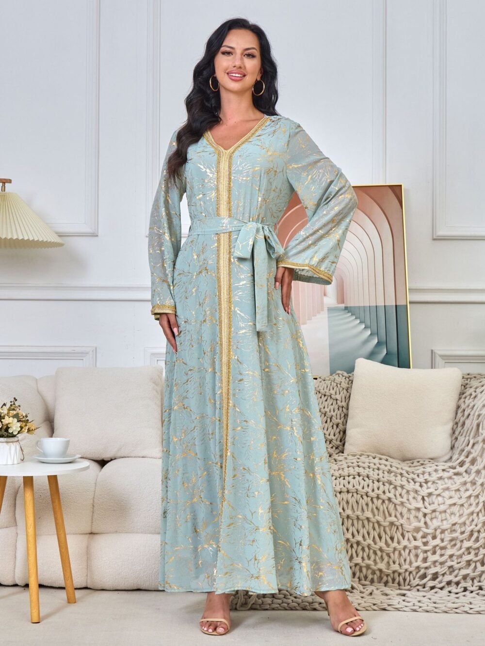 Gold Foil Pattern Bell Sleeve Muslim Caftan Dress