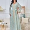 Gold Foil Pattern Bell Sleeve Muslim Caftan Dress