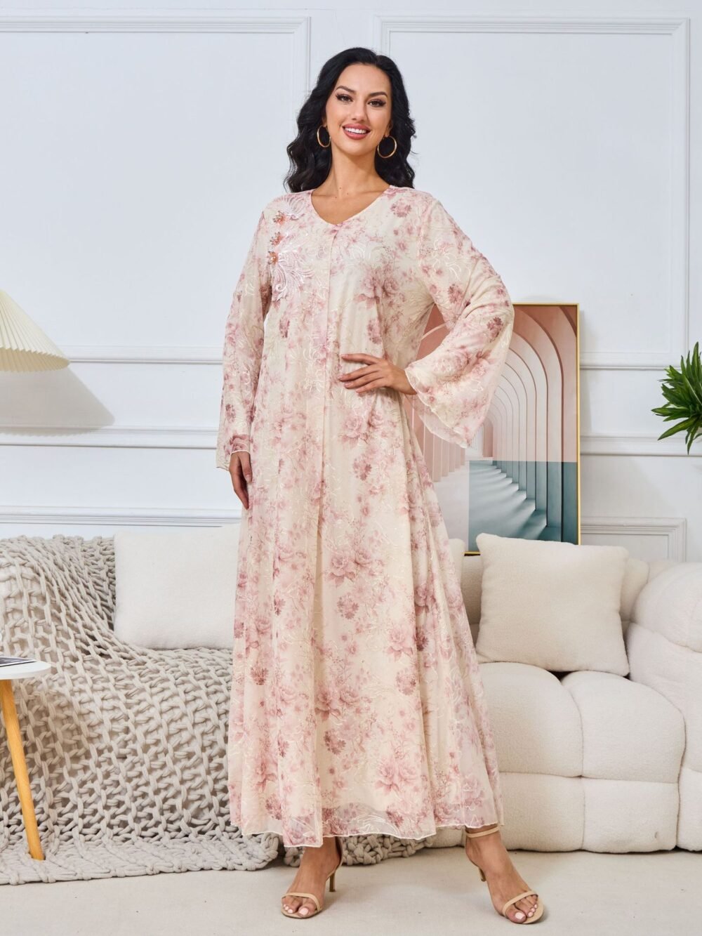 Diamond Embroidered Floral Kaftan Dress