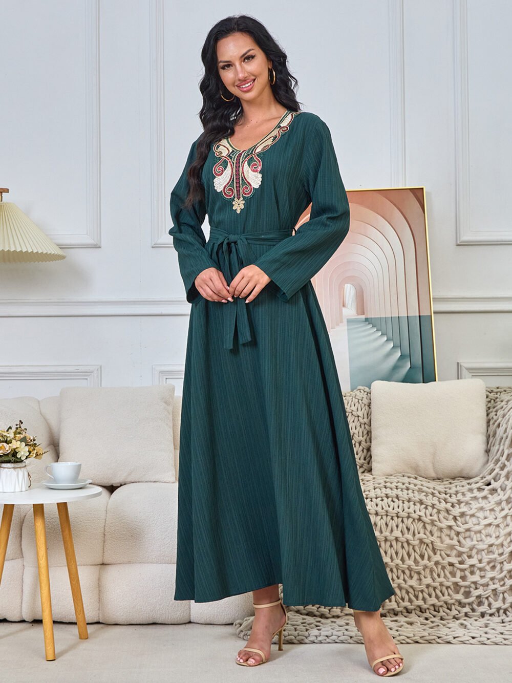 Floral Embroidered Muslim Belted Green Caftan Dress