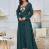 Floral Embroidered Muslim Belted Green Caftan Dress