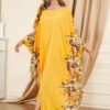 Batwing Sleeve Printed Floral Yellow Muslim Kaftan