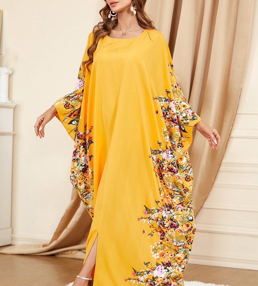 Batwing Sleeve Printed Floral Yellow Muslim Kaftan