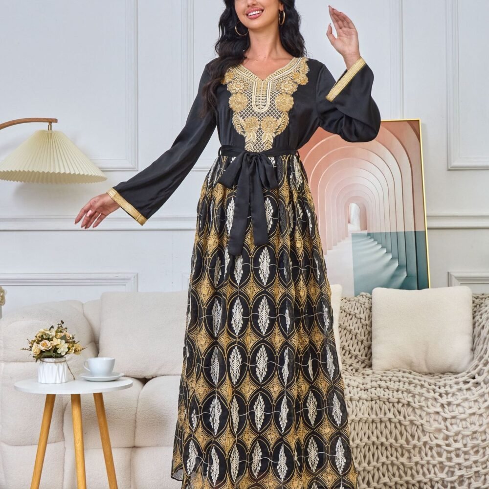 Beaded Embroidered Muslim Black Caftan Dress With Belt