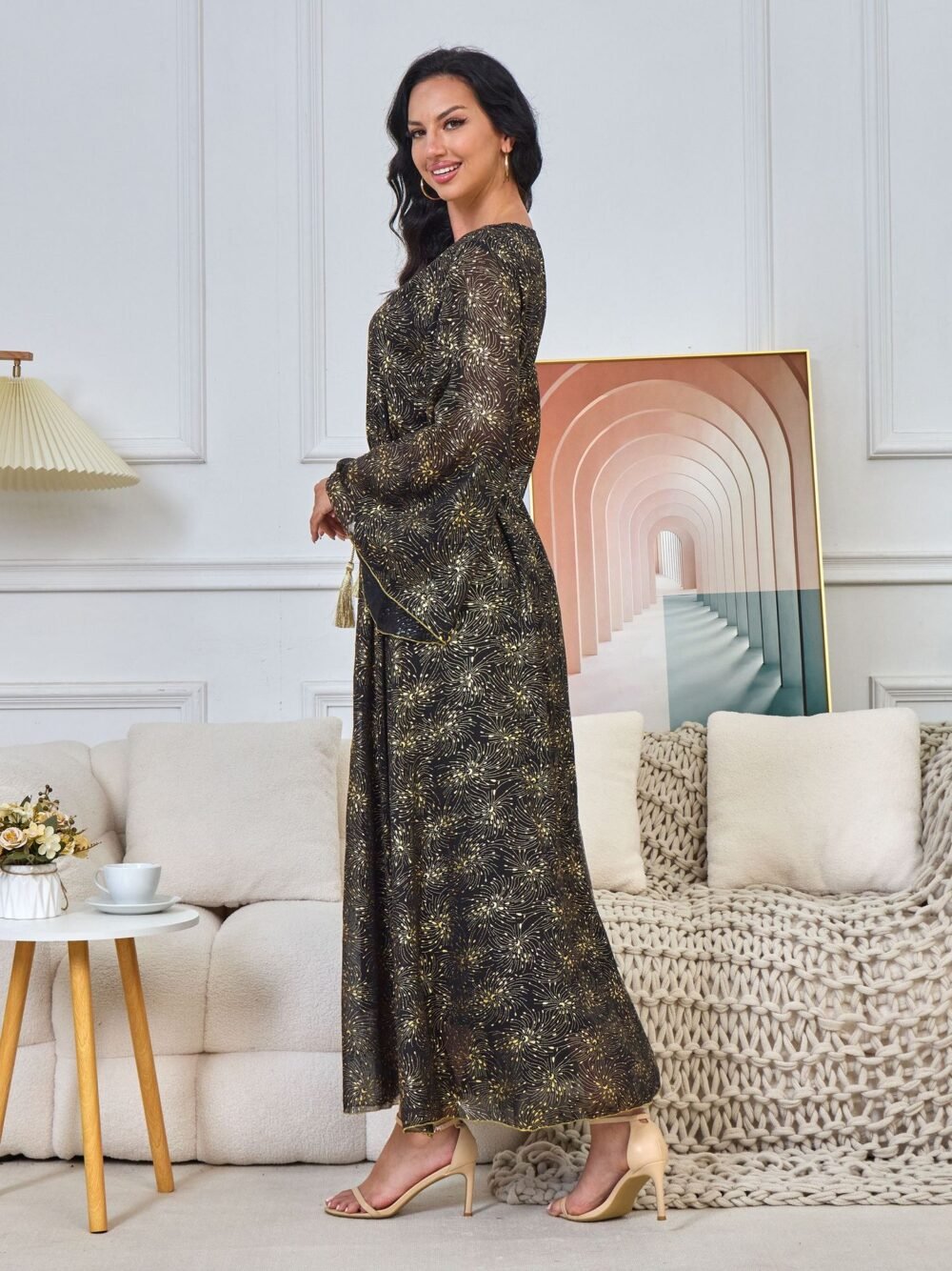 Embroidered Diamonds Muslim Women Black Caftan Dress