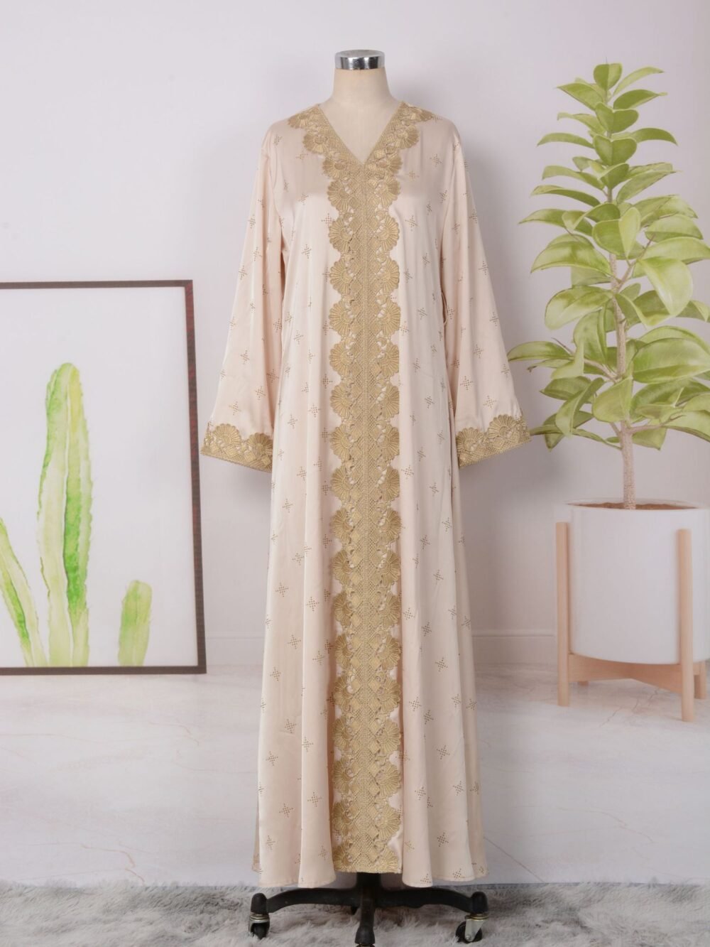 Rhinestone Embroidered Satin Kaftan