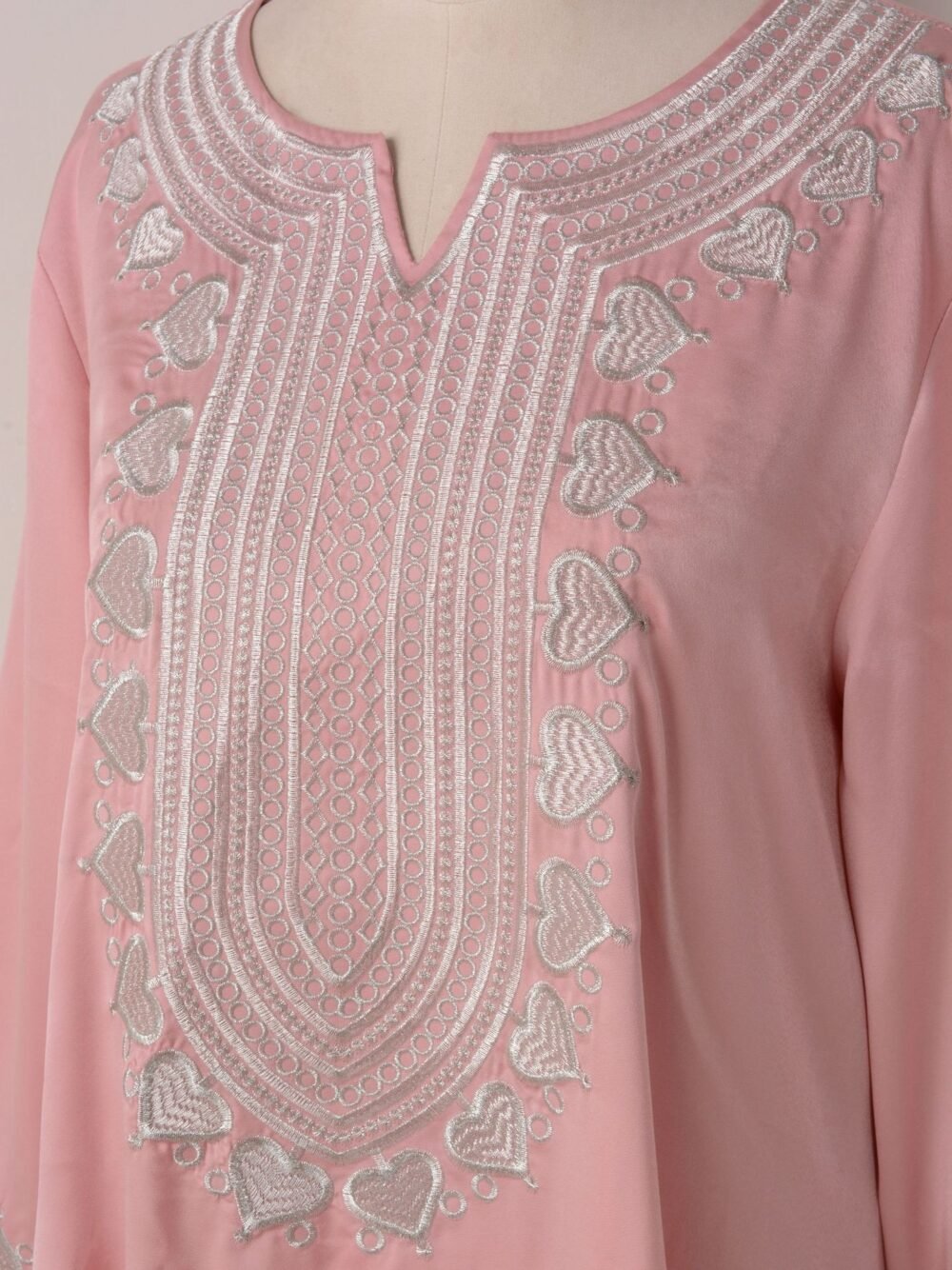 Notched Collar Solid Color Embroidered Kaftan Dress