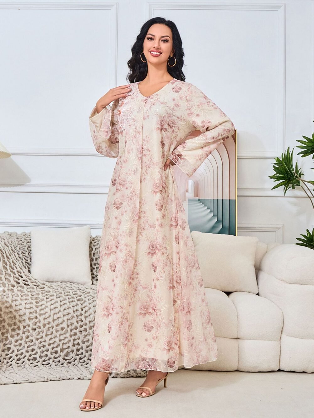 Diamond Embroidered Floral Kaftan Dress