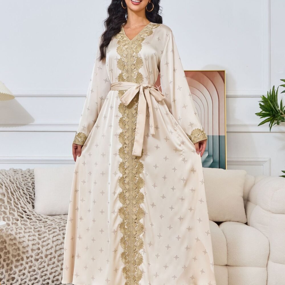 Rhinestone Embroidered Satin Kaftan