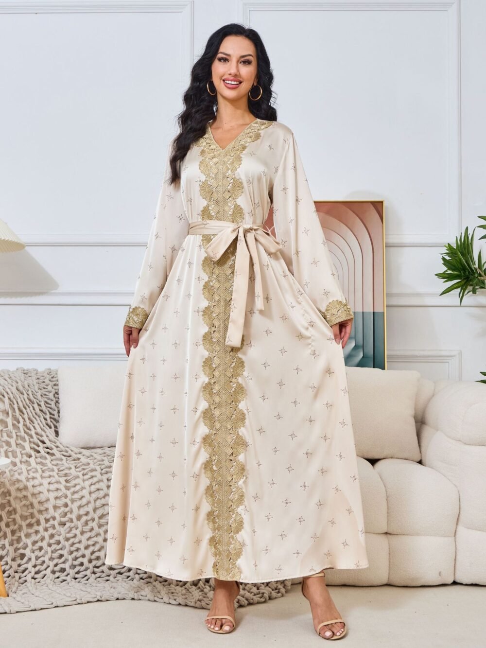 Rhinestone Embroidered Satin Kaftan