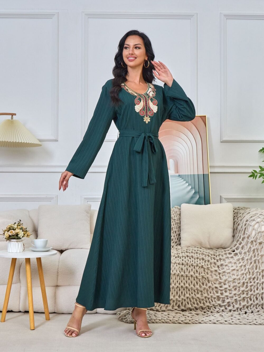 Floral Embroidered Muslim Belted Green Caftan Dress