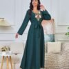 Floral Embroidered Muslim Belted Green Caftan Dress