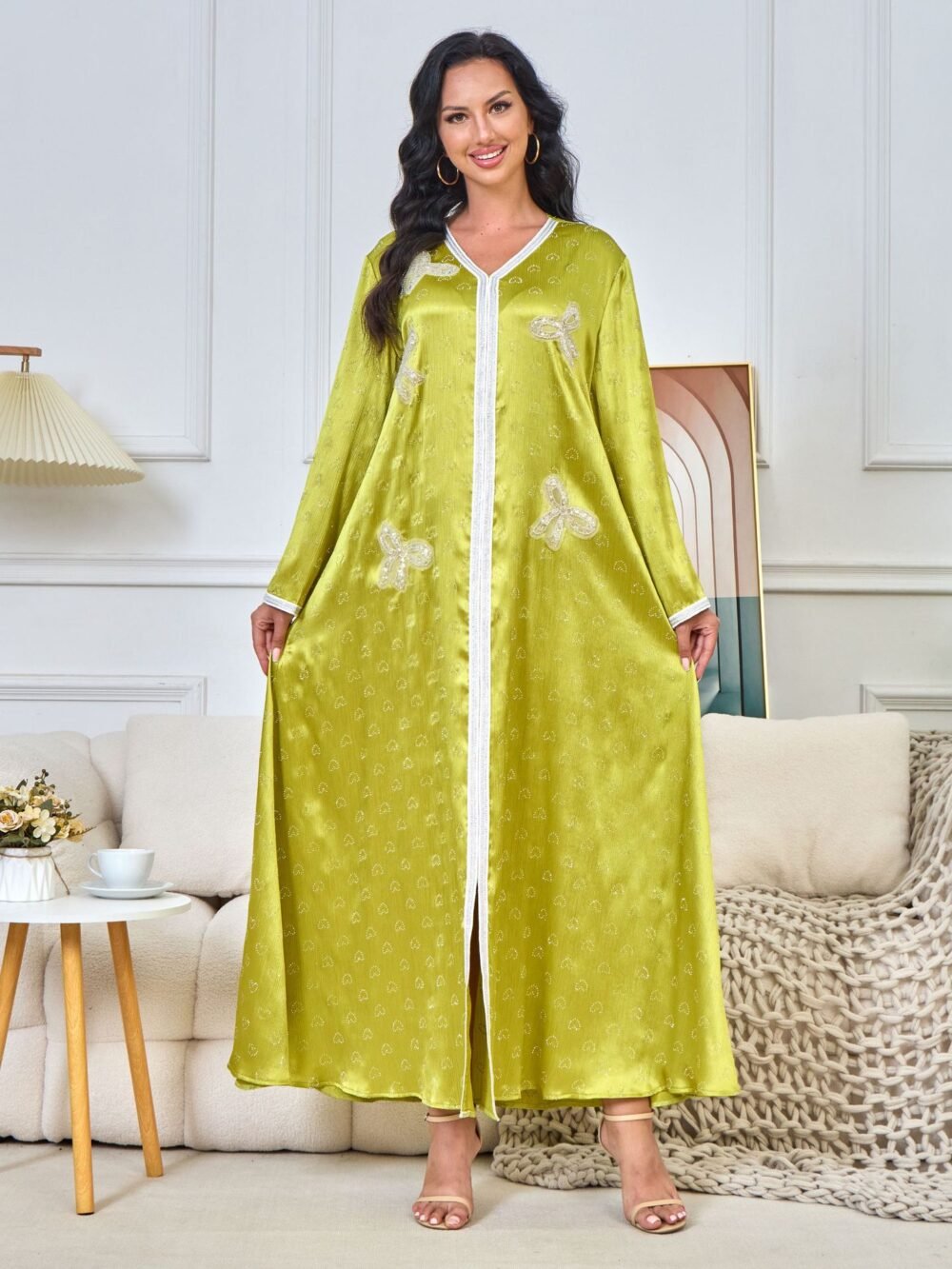 Tape Trim Butterfly Beaded Green Abaya Dress Green Caftan