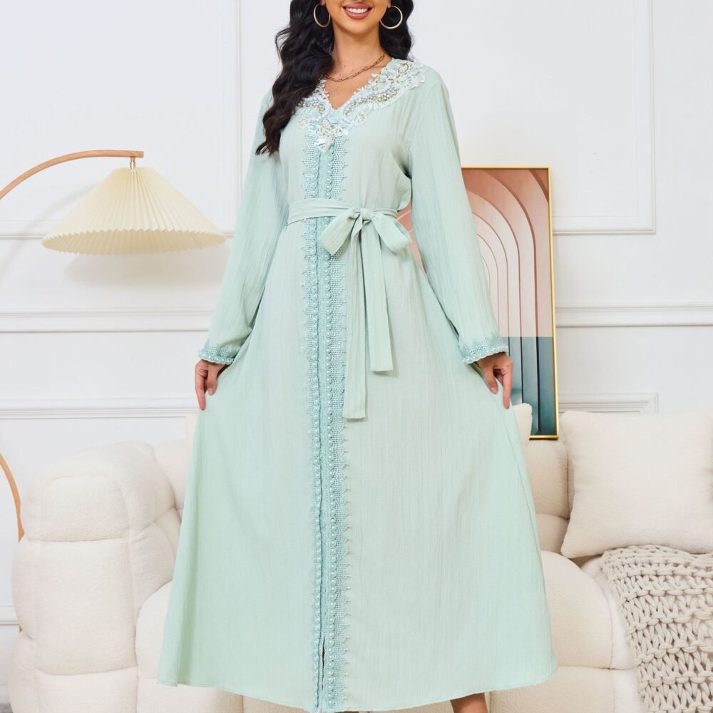 Pearl Decor Beads Embroidered Mint Green Kaftan Dress