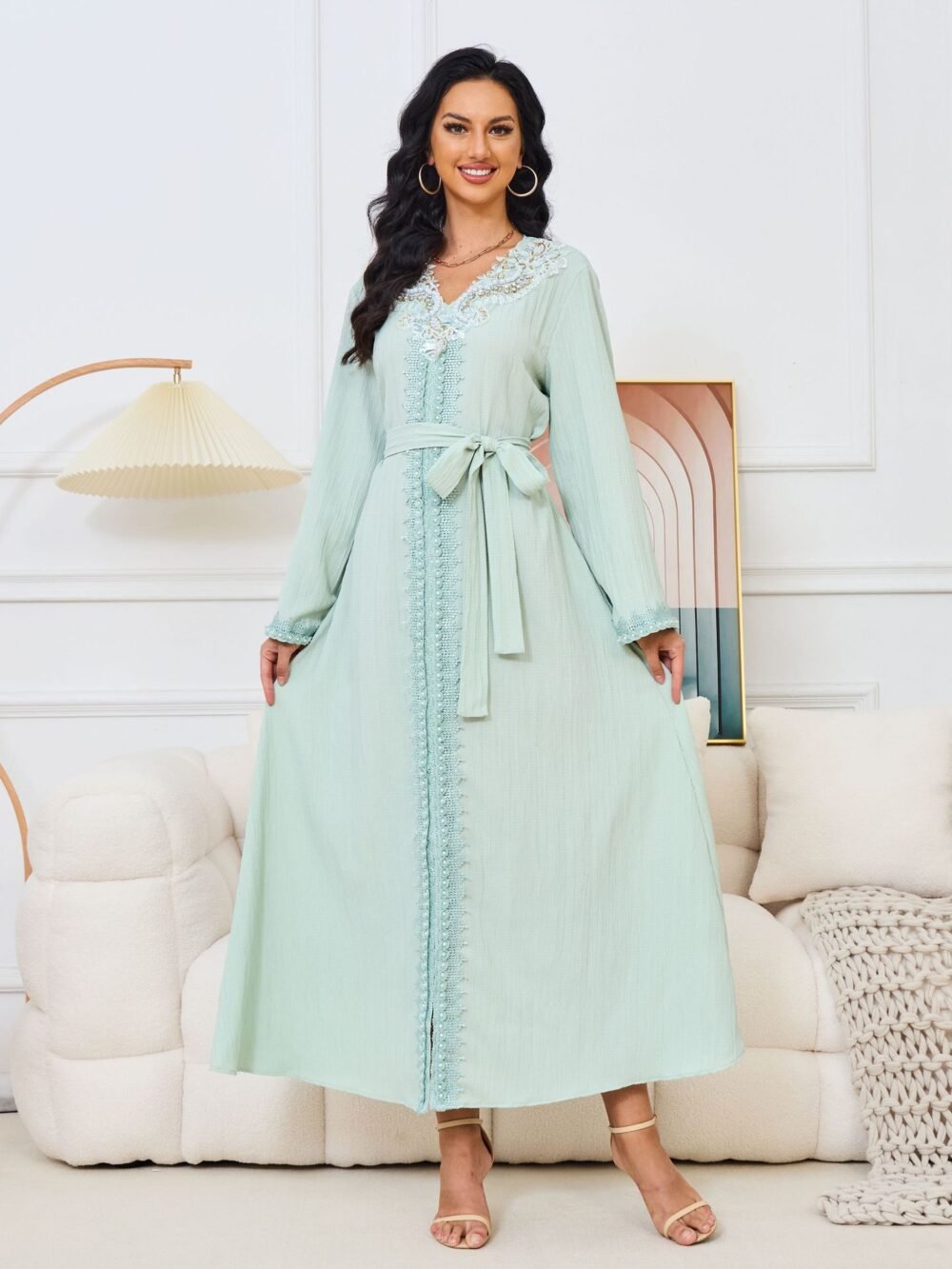 Pearl Decor Beads Embroidered Mint Green Kaftan Dress