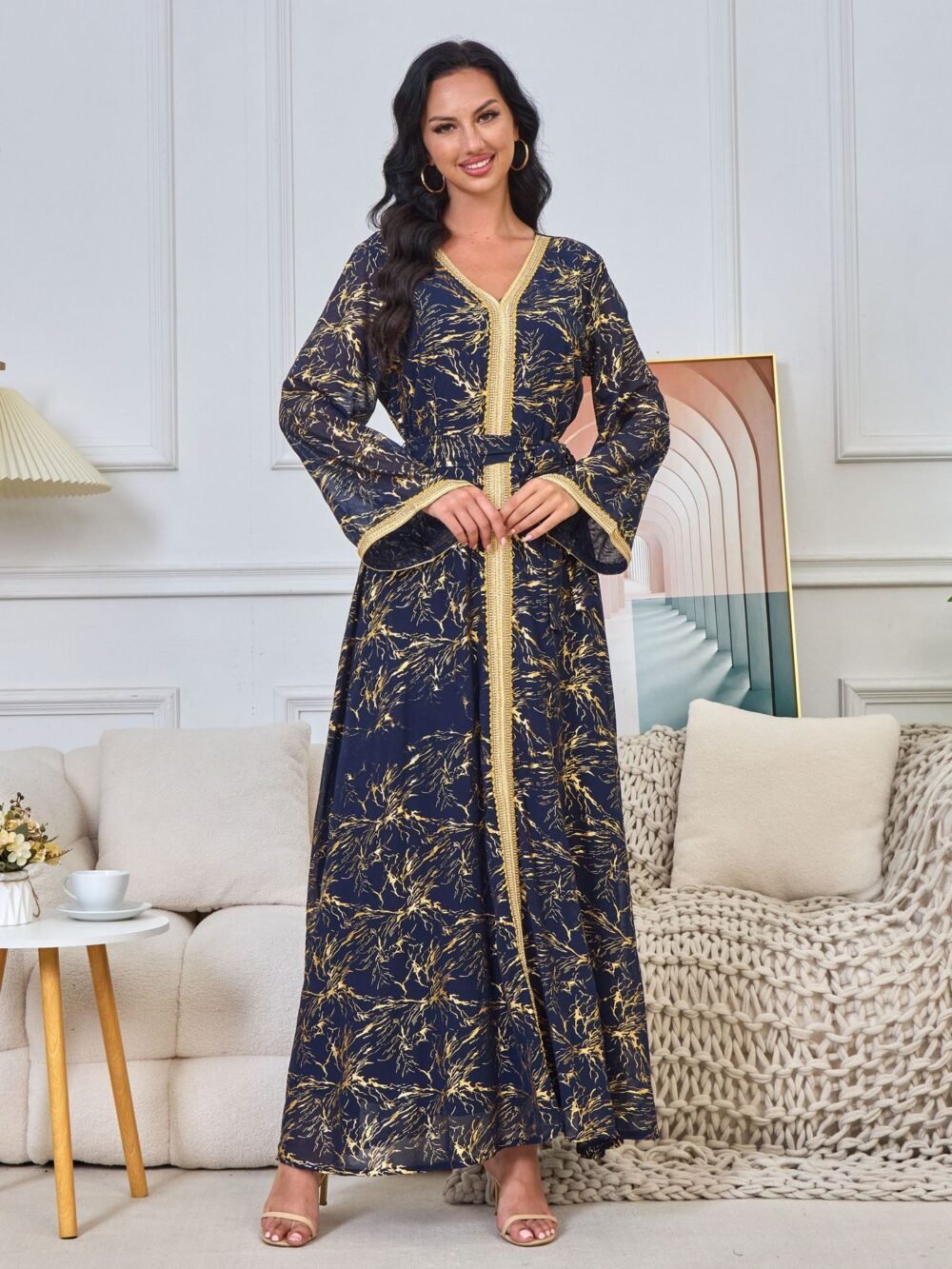 Gold Foil Pattern Bell Sleeve Muslim Caftan Dress