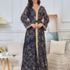 Gold Foil Pattern Bell Sleeve Muslim Caftan Dress