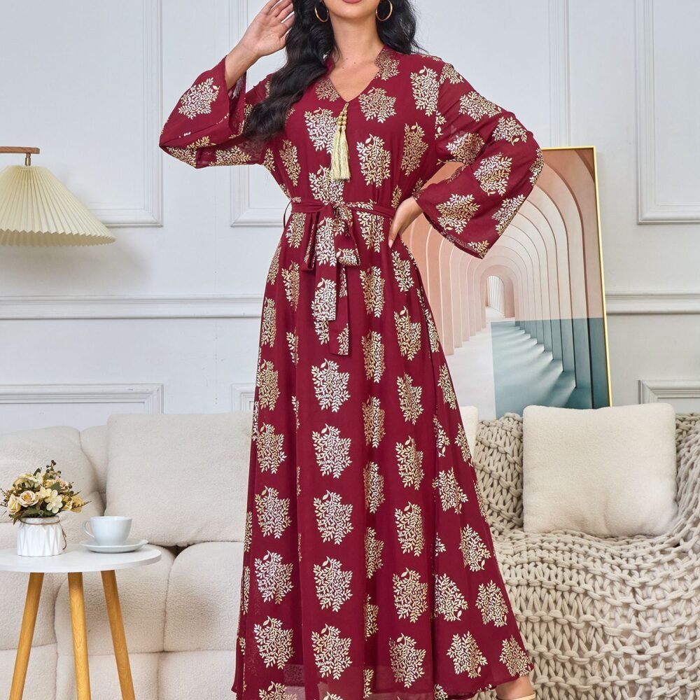 V-notched Collar Maroon Gold Foil Leaf Muslim Kafan Dress