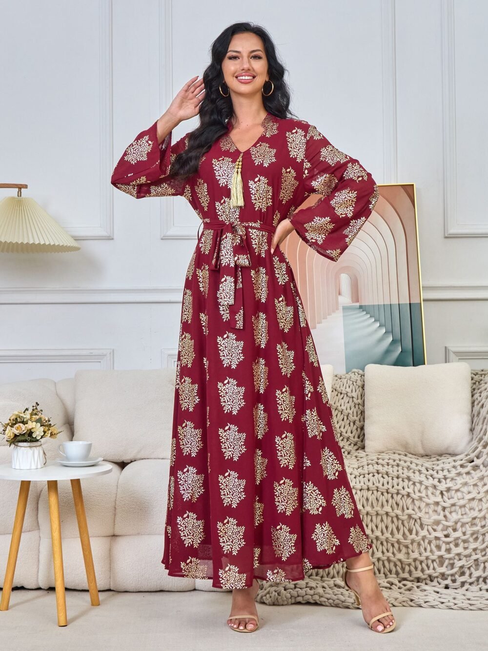 V-notched Collar Maroon Gold Foil Leaf Muslim Kafan Dress