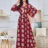 V-notched Collar Maroon Gold Foil Leaf Muslim Kafan Dress