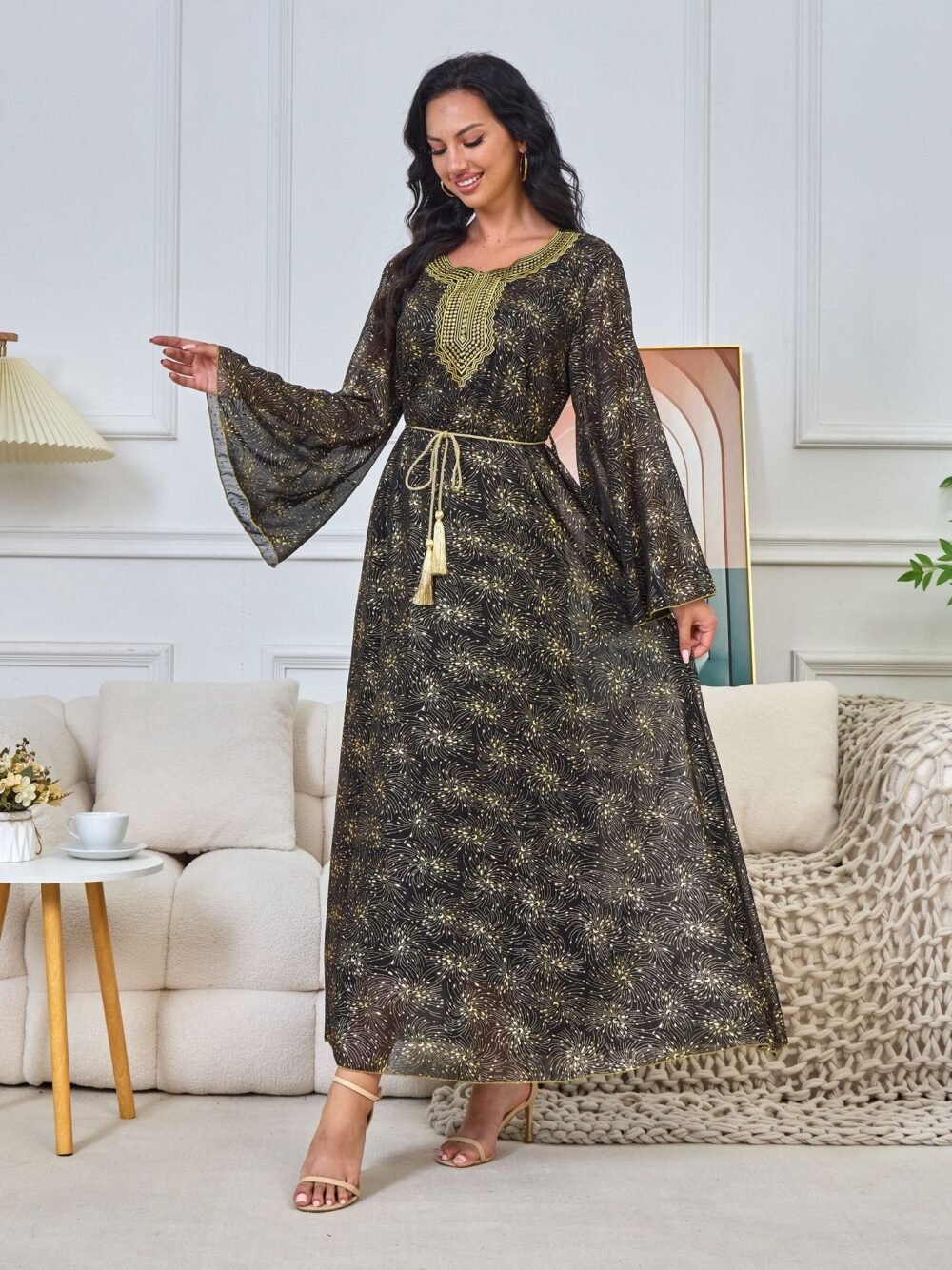 Embroidered Diamonds Muslim Women Black Caftan Dress