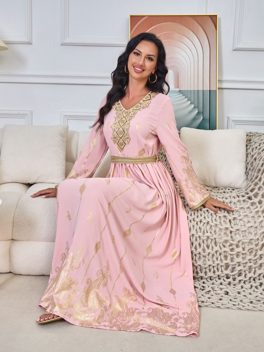 Gold Foil Belted Moroccan Pink Caftan