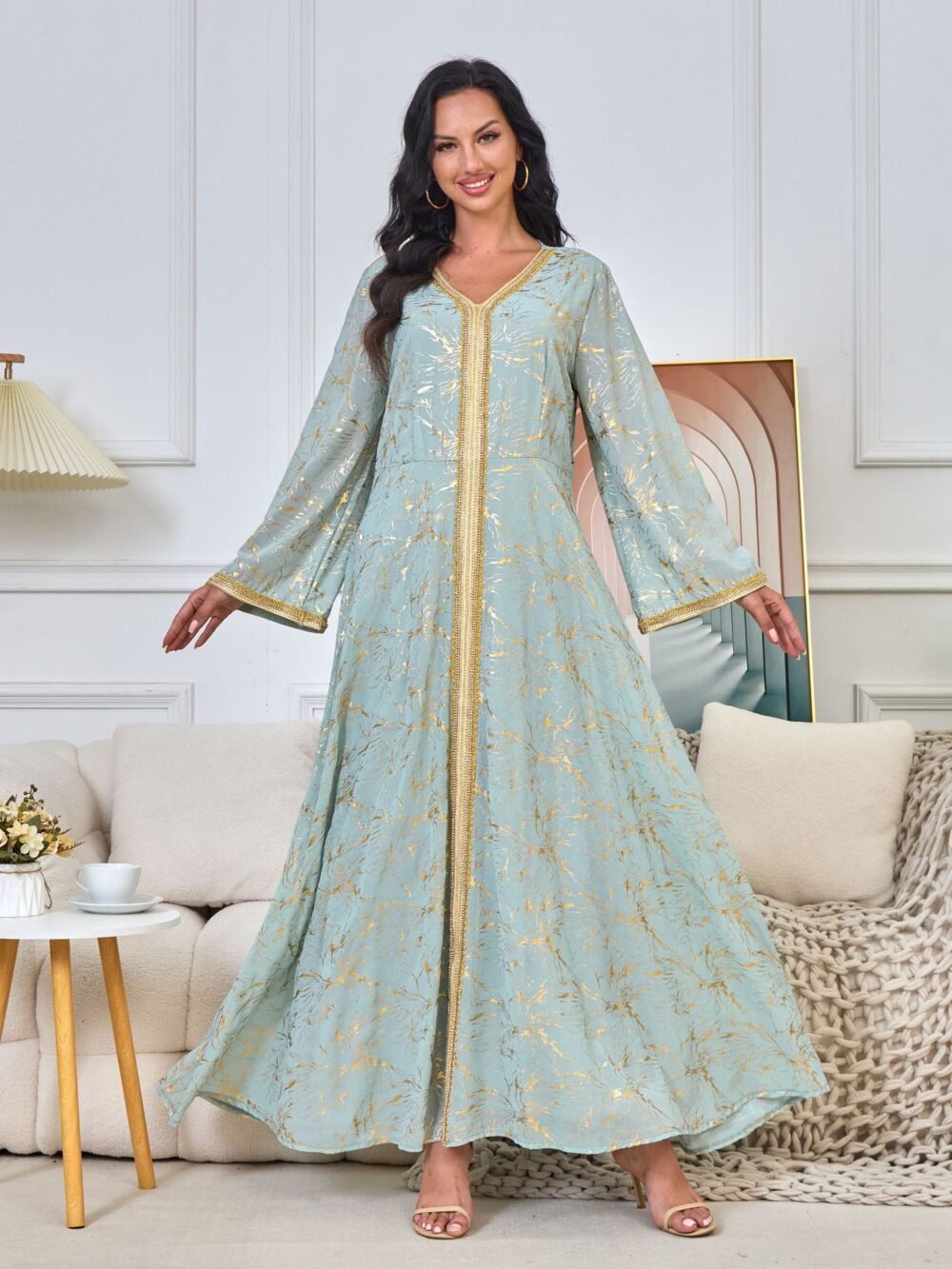 Gold Foil Pattern Bell Sleeve Muslim Caftan Dress