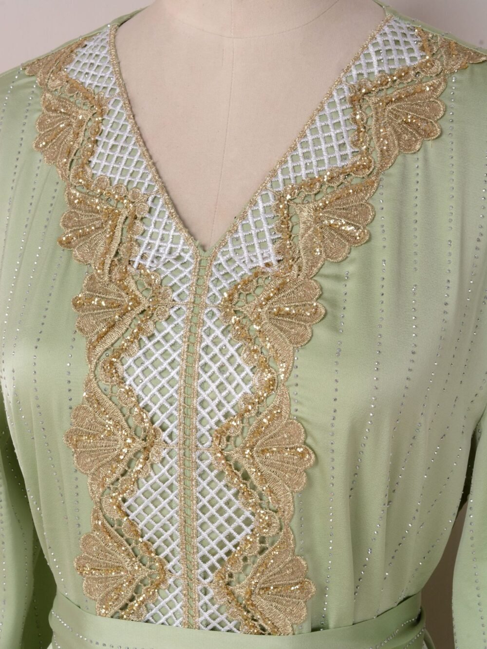 Beaded Embroidery Green Belted Kaftan Dress