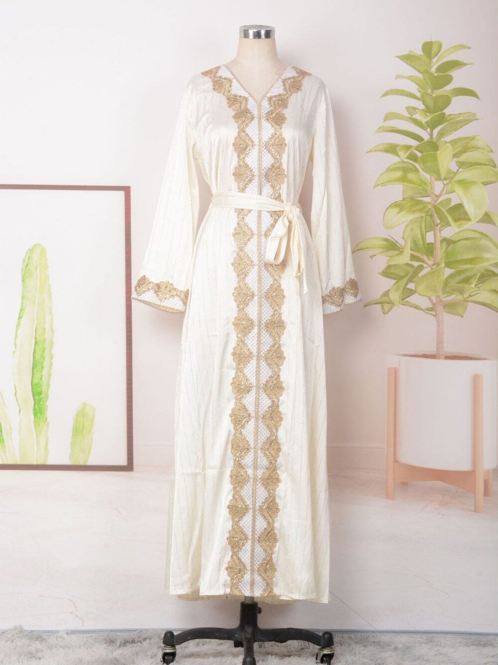 Beaded Embroidery Green Belted Kaftan Dress