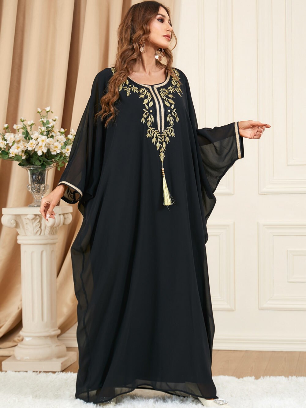 Tassel Decor Embroidered Black Chiffon Katan