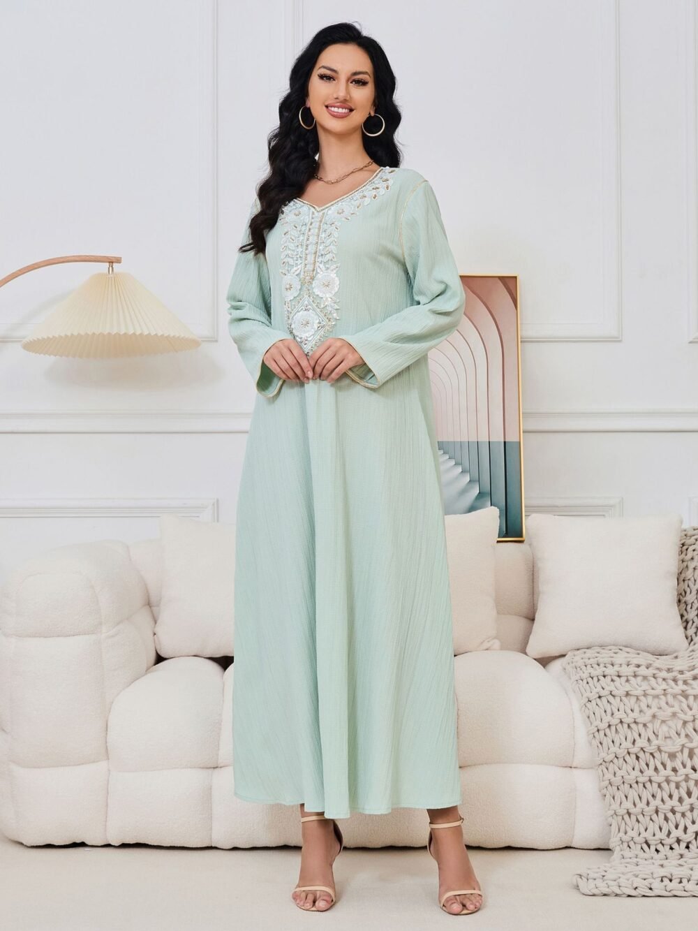 Pearl Decor Beads Embroidered Mint Green Muslim Kaftan