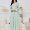 Pearl Decor Beads Embroidered Mint Green Muslim Kaftan