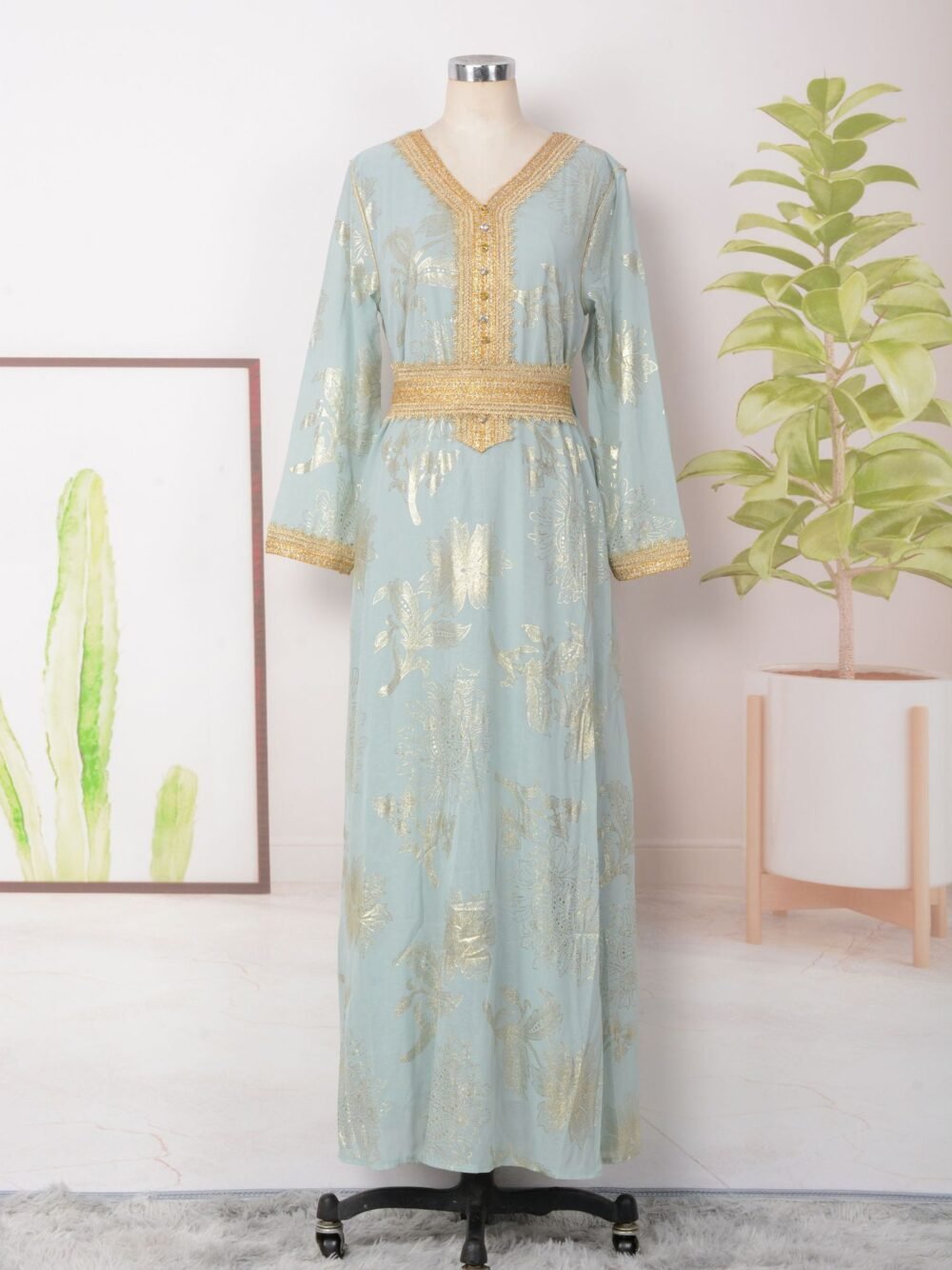 Gold Foil Belted Kaftan Dress