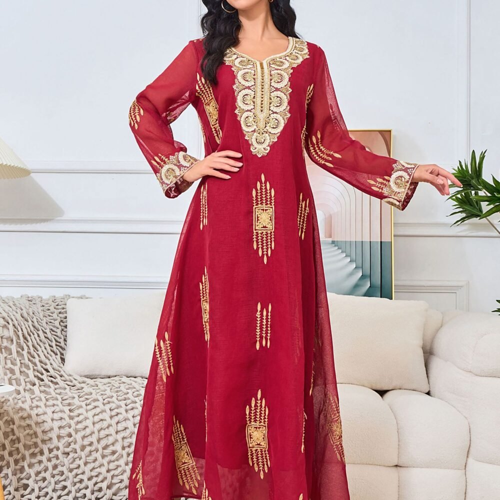 Beaded Embroidered Chiffon Red Kaftan