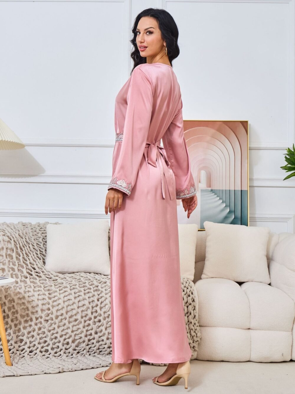 V Neckline Embellishment Pink Belted Kaftan Dress