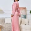 V Neckline Embellishment Pink Belted Kaftan Dress