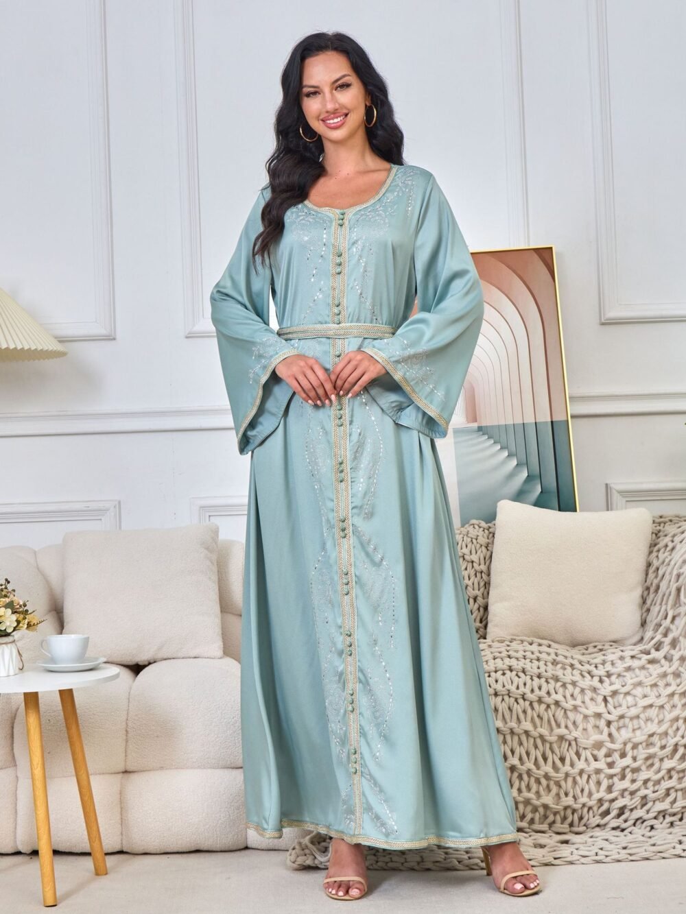 Hot Drilling Diamond Belted Kaftan Rhinestone Dress