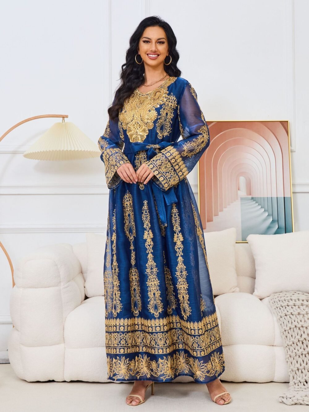 Beaded Embroidered Blue Kaftan Dress