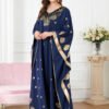 Gold Foil Long Sleeve Blue Sequin Cotton Kaftan Robe