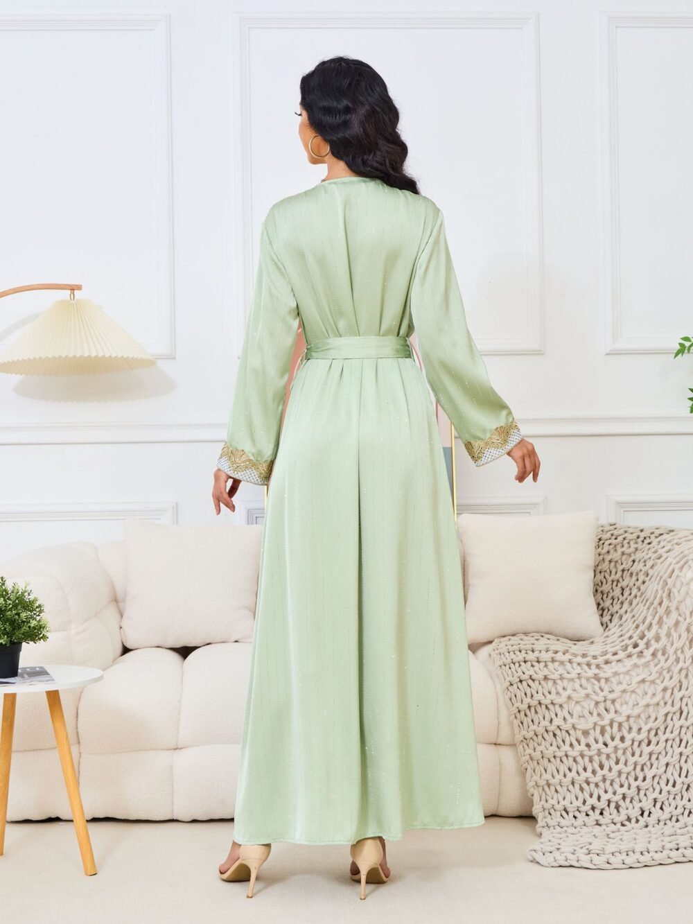 Beaded Embroidery Green Belted Kaftan Dress