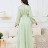 Beaded Embroidery Green Belted Kaftan Dress