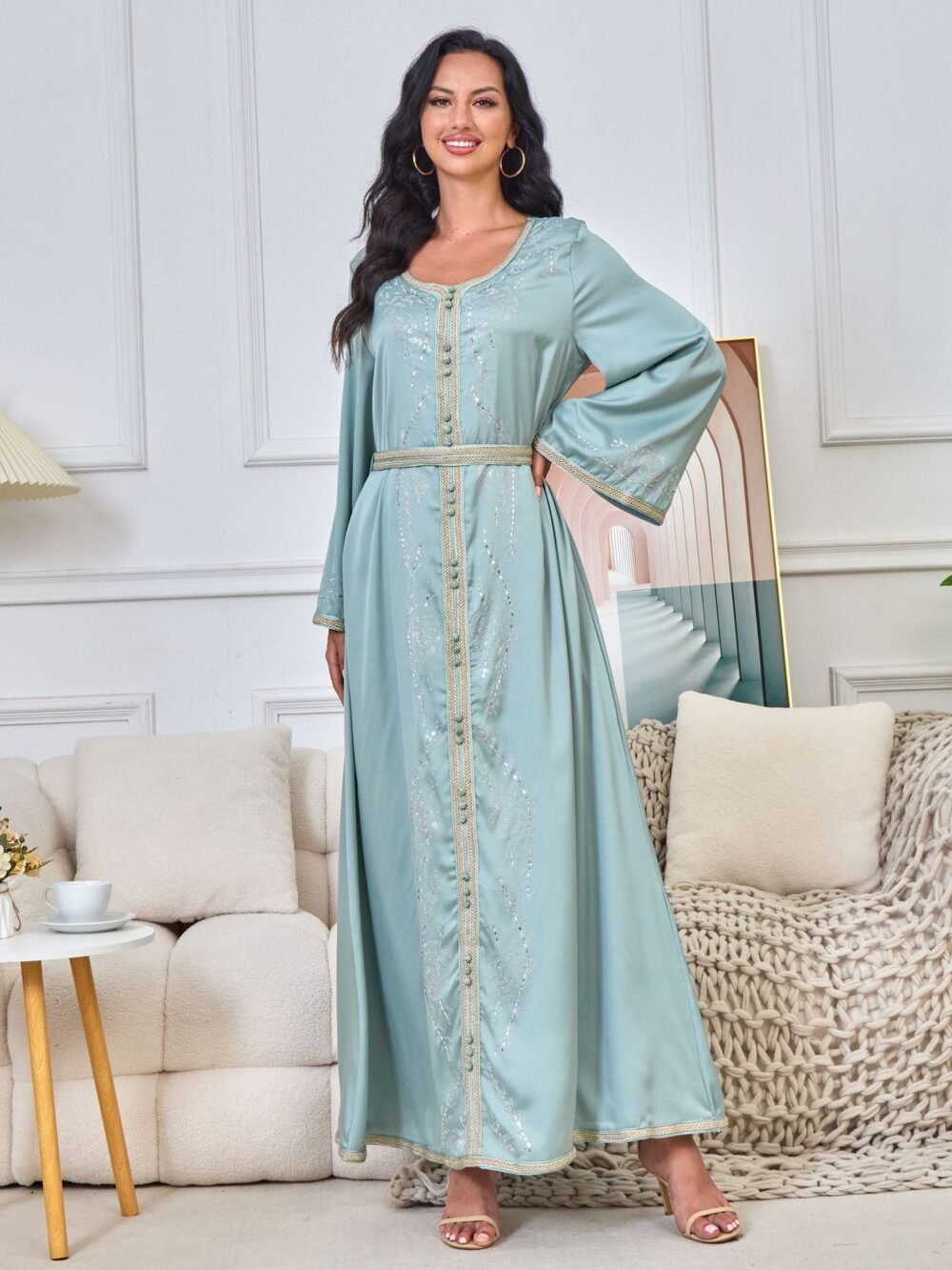 Hot Drilling Diamond Belted Kaftan Rhinestone Dress