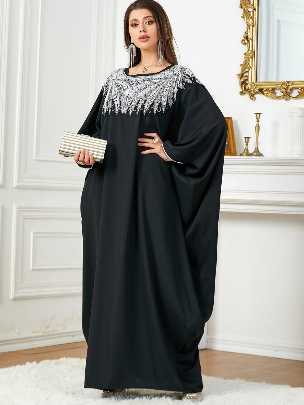 Sequin Beading Embroidered Black Women Muslim Kaftan