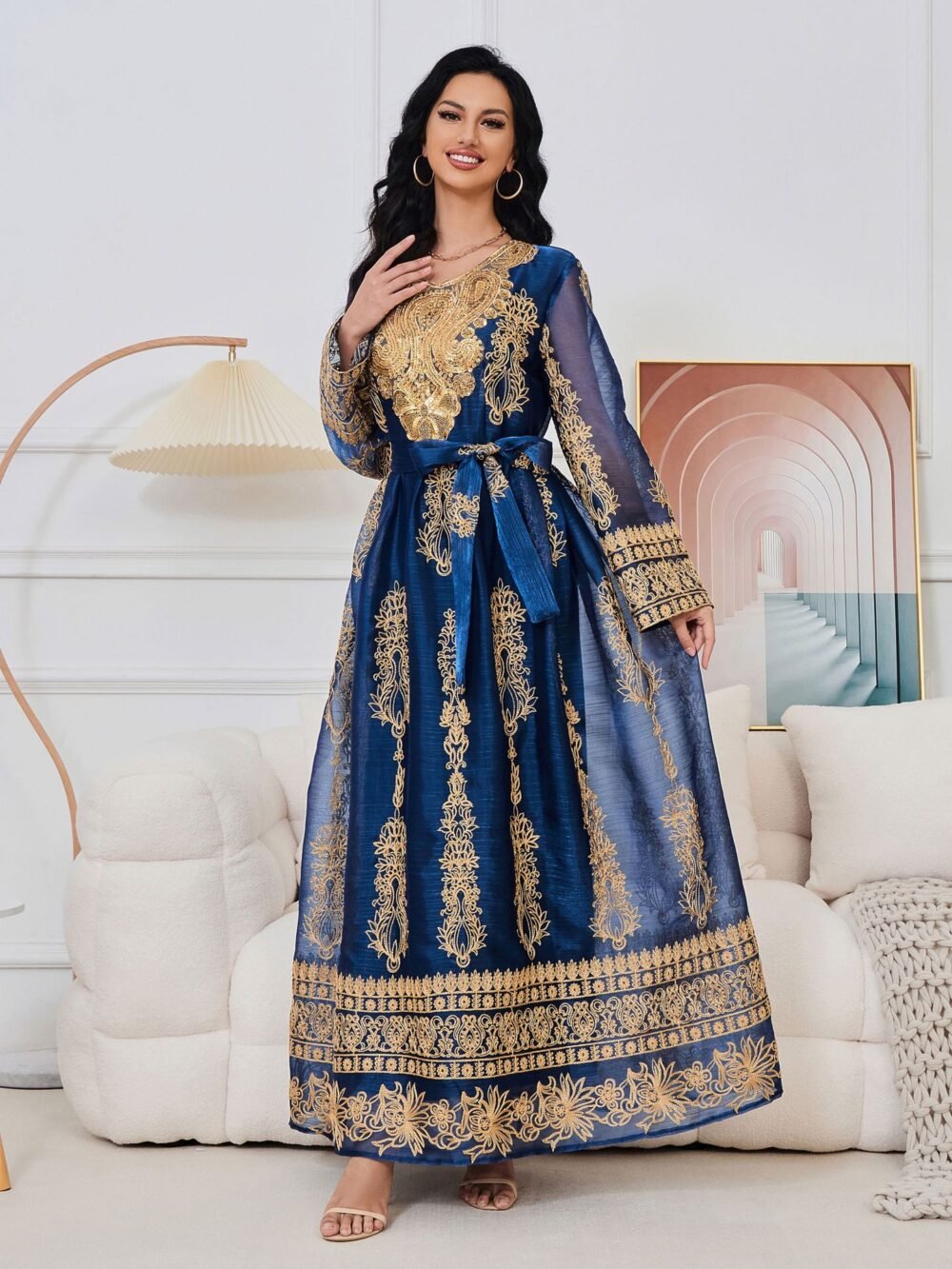 Beaded Embroidered Blue Kaftan Dress