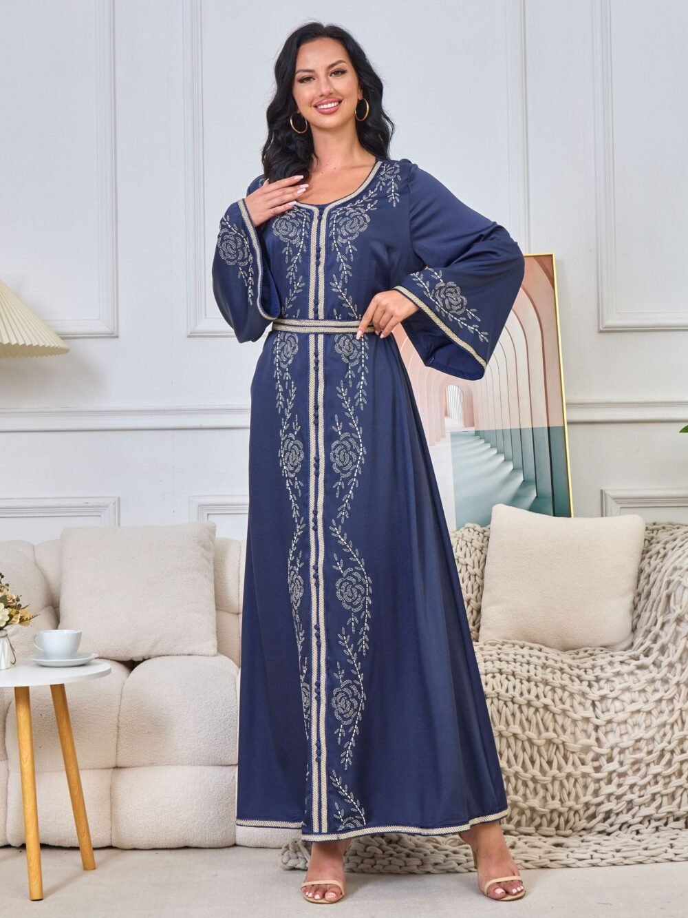 Hot Drilling Diamond Belted Kaftan Rhinestone Dress